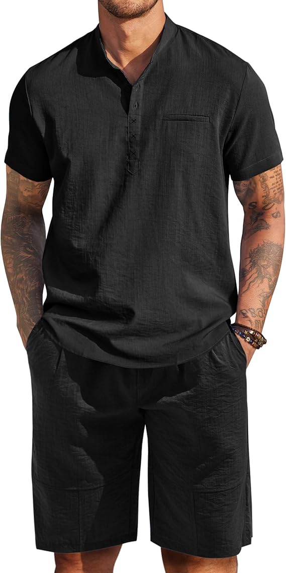 COOFANDY Men's 2 Piece Outfits Short Sleeve Henley Shirts and Shorts Summer Beach Yoga Pants Set