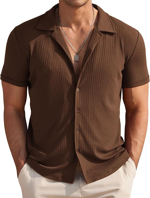 COOFANDY Mens Knit Button Down Short Sleeve Button Up Shirt Summer Casual Beach Tops