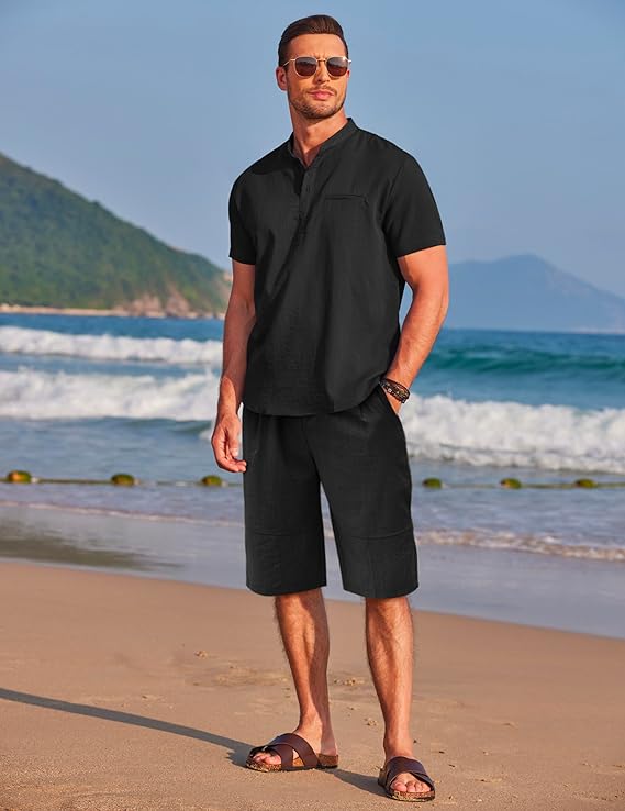 COOFANDY Men's 2 Piece Outfits Short Sleeve Henley Shirts and Shorts Summer Beach Yoga Pants Set