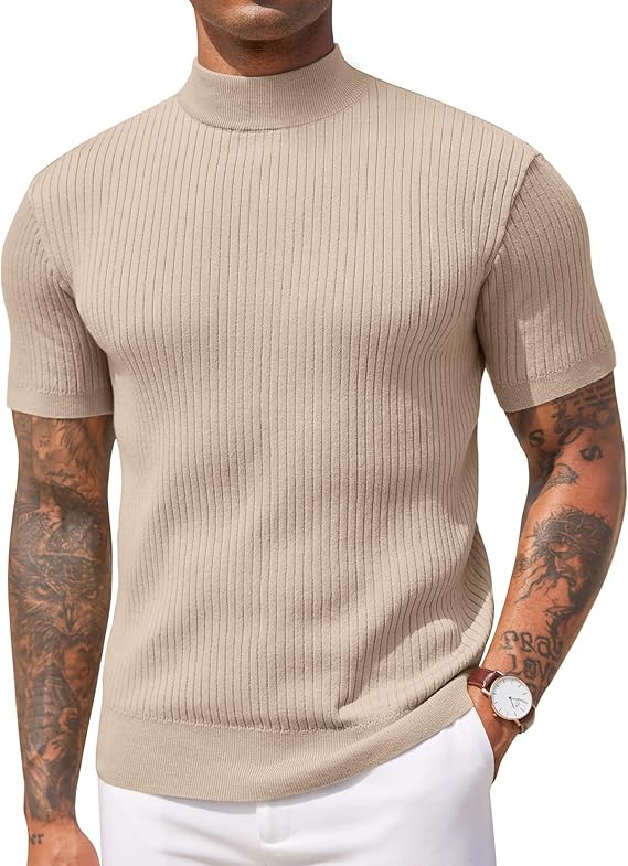 COOFANDY Men's Mock Turtleneck Sweater Short Sleeve Casual Basic Tops Ribbed Knit Pullover Solid Tee
