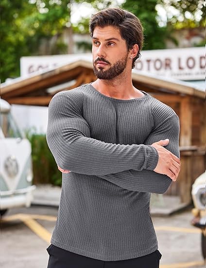 COOFANDY Men's 2 Pack Muscle T-Shirt Stretch Long Sleeve Gym Workout Bodybuilding Training Tee Shirts Casual Hipster Tops