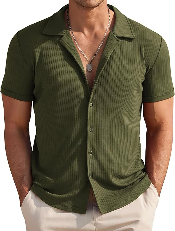 COOFANDY Mens Knit Button Down Short Sleeve Button Up Shirt Summer Casual Beach Tops