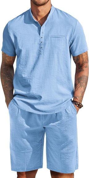 COOFANDY Men's 2 Piece Outfits Short Sleeve Henley Shirts and Shorts Summer Beach Yoga Pants Set