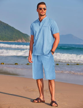 COOFANDY Men's 2 Piece Outfits Short Sleeve Henley Shirts and Shorts Summer Beach Yoga Pants Set