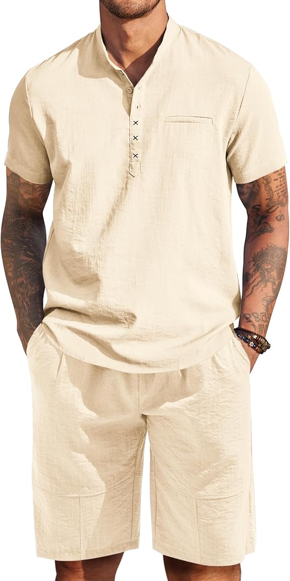 COOFANDY Men's 2 Piece Outfits Short Sleeve Henley Shirts and Shorts Summer Beach Yoga Pants Set
