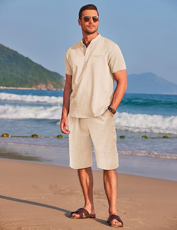 COOFANDY Men's 2 Piece Outfits Short Sleeve Henley Shirts and Shorts Summer Beach Yoga Pants Set