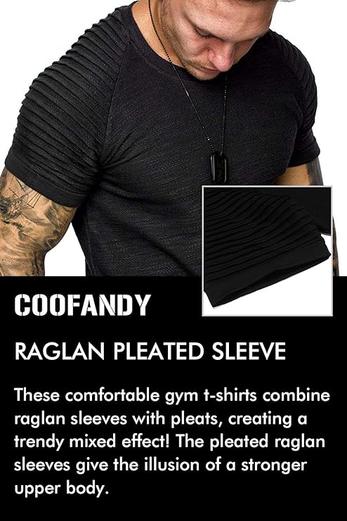 COOFANDY Men's Muscle Pleated Raglan Sleeve Bodybuilding Gym Tee Short Sleeve Fashion Workout Hipster Shirt