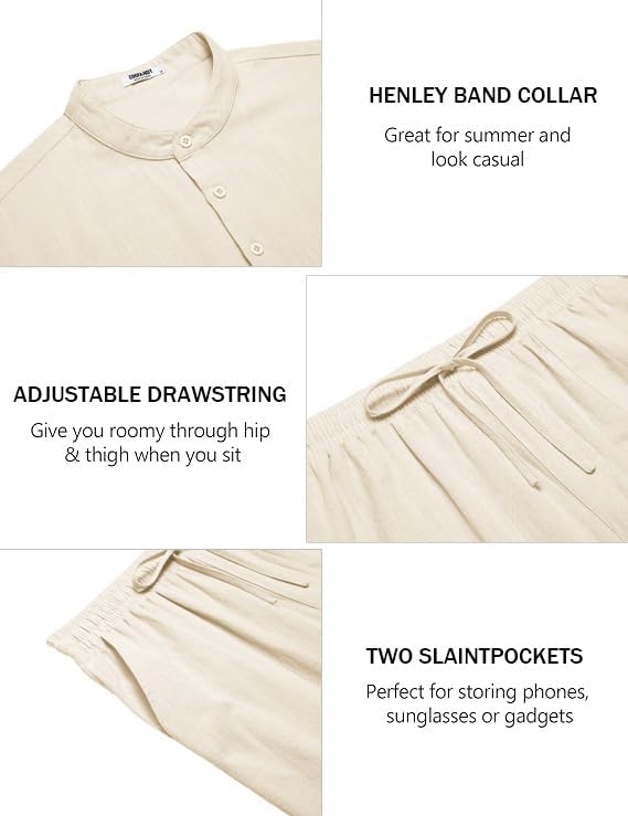 COOFANDY Men's 2 Piece Cotton Sets Casual Short Sleeve Henley Shirts and Beach Pants with Pockets Summer Vacation Outfits