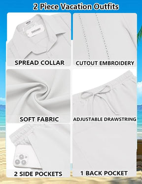 COOFANDY Men's 2 Piece Outfits Cuban Guayabera Short Sleeve Shirts and Shorts Summer Beach Vacation Sets for Men