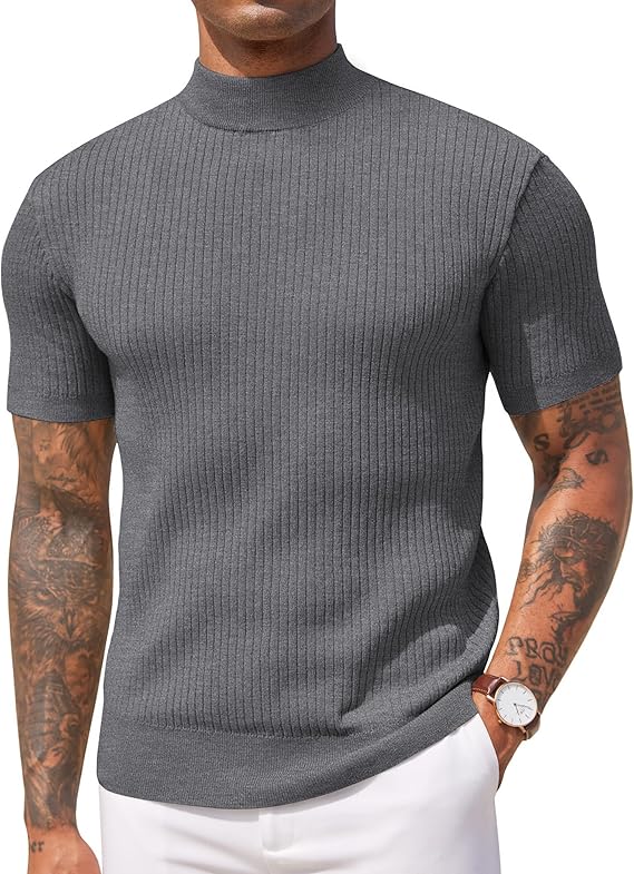 COOFANDY Men's Mock Turtleneck Sweater Short Sleeve Casual Basic Tops Ribbed Knit Pullover Solid Tee