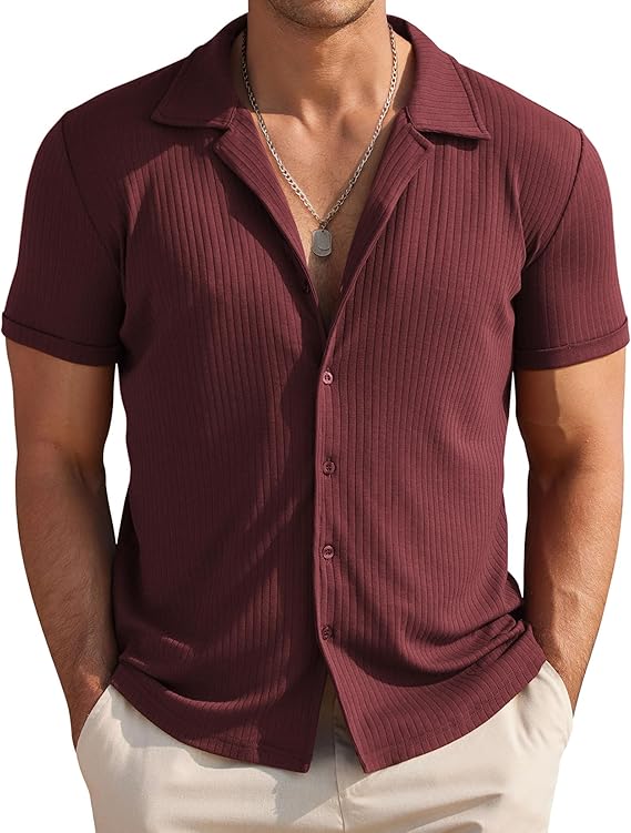 COOFANDY Mens Knit Button Down Short Sleeve Button Up Shirt Summer Casual Beach Tops