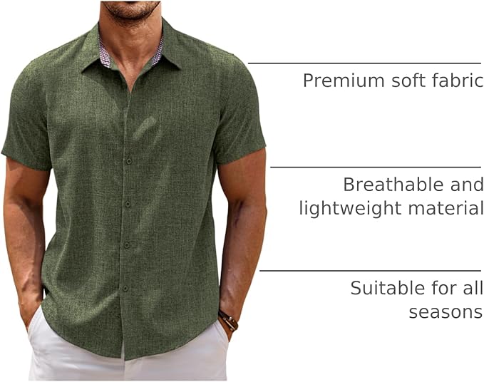 COOFANDY Men's Saint Patrick's Day Green Linen Shirt Short Sleeve Button Down Casual Plaid Collar Summer Beach Shirt