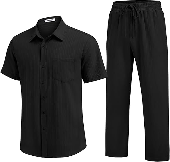 COOFANDY Mens 2 Piece Sets Summer Outfits Short Sleeve Button Down Shirt Loose Pant Sets Beach Vacation Outfits