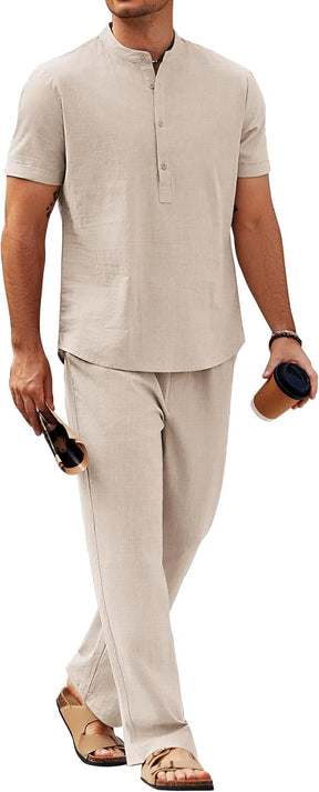 COOFANDY Mens 2 Pieces Cotton Linen Sets Short Sleeve Casual Henley Shirt Summer Beach Pants Lounge Vacation Outfits Set