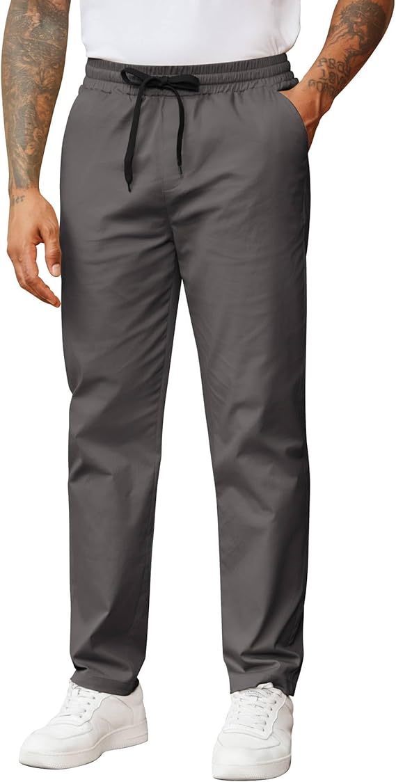 COOFANDY Men's Casual Pants Drawstring Elastic Waist Chino Pants Straight Leg Slacks Cotton Twill Trousers with Pockets