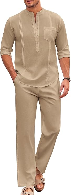 COOFANDY Men's 2 Piece Cotton Sets Casual Long Sleeve Cuban Henley Shirt and Loose Pants Set Beach Vacation Outfits