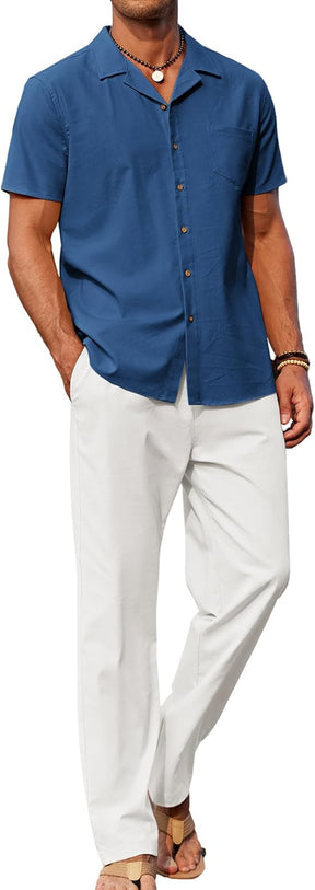 COOFANDY Men 2 Piece Linen Outfit Beach Button Down Shirt Casual Loose Pant Sets