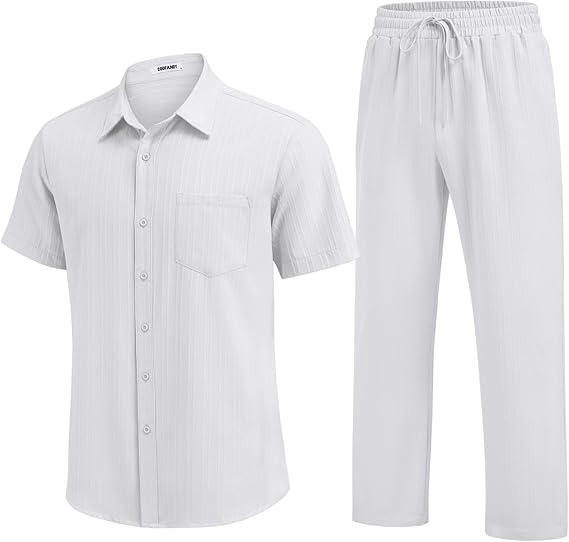 COOFANDY Mens 2 Piece Sets Summer Outfits Short Sleeve Button Down Shirt Loose Pant Sets Beach Vacation Outfits