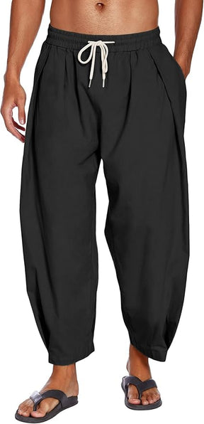COOFANDY Men's Cotton Linen Harem Pants Drawstring Lightweight Loose Beach Yoga Pants with Pockets