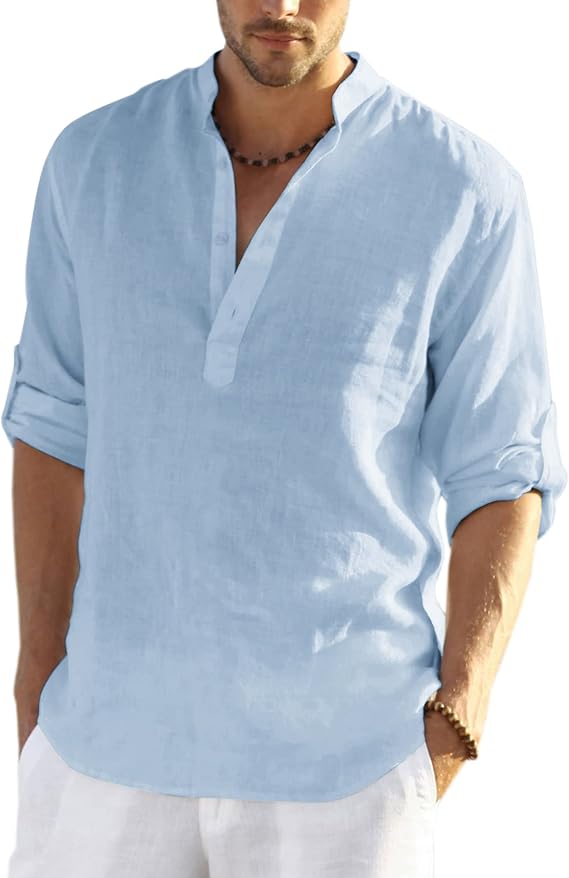 COOFANDY Men's Saint Patrick's Day Green Cotton Linen Henley Shirt Long Sleeve Casual Beach Tee