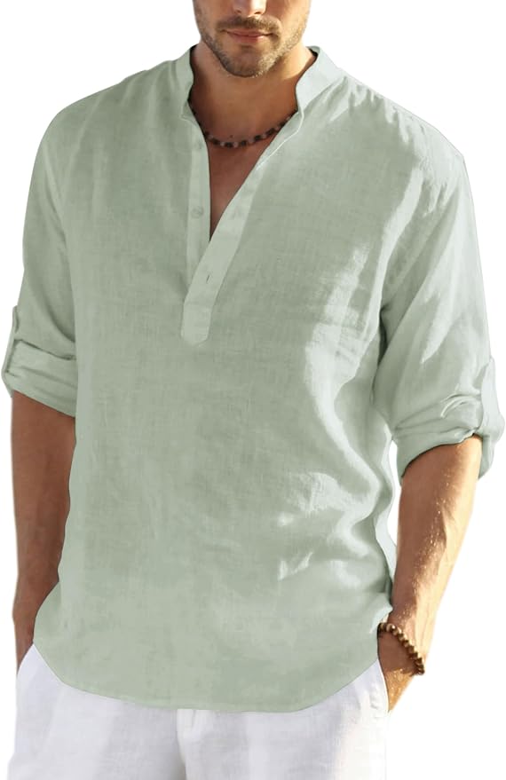 COOFANDY Men's Saint Patrick's Day Green Cotton Linen Henley Shirt Long Sleeve Casual Beach Tee