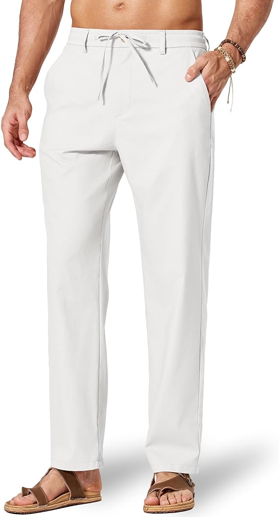COOFANDY Men's Cotton Linen Pants Casual Drawstring Dress Pants Beach Summer Lightweight Trousers