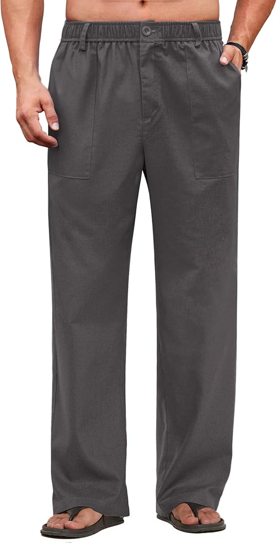 COOFANDY Men's Casual Linen Cotton Pants Elastic Waist Summer Beach Trousers Lightweight Yoga Vacation Pants