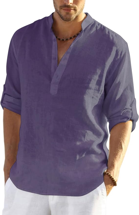 COOFANDY Men's Saint Patrick's Day Green Cotton Linen Henley Shirt Long Sleeve Casual Beach Tee