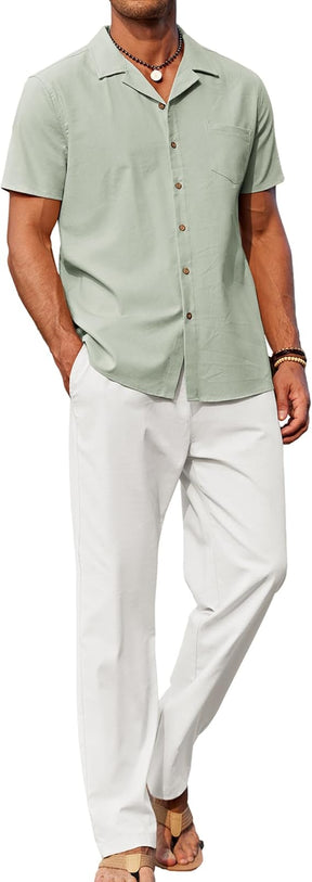 COOFANDY Men 2 Piece Linen Outfit Beach Button Down Shirt Casual Loose Pant Sets