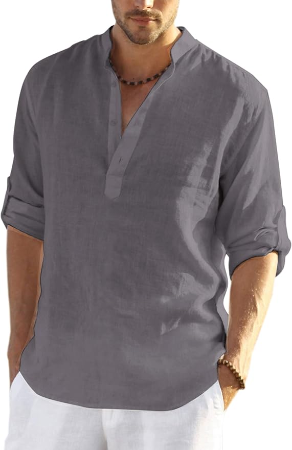 COOFANDY Men's Saint Patrick's Day Green Cotton Linen Henley Shirt Long Sleeve Casual Beach Tee
