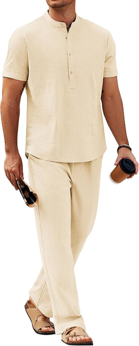 COOFANDY Mens 2 Pieces Cotton Linen Sets Short Sleeve Casual Henley Shirt Summer Beach Pants Lounge Vacation Outfits Set