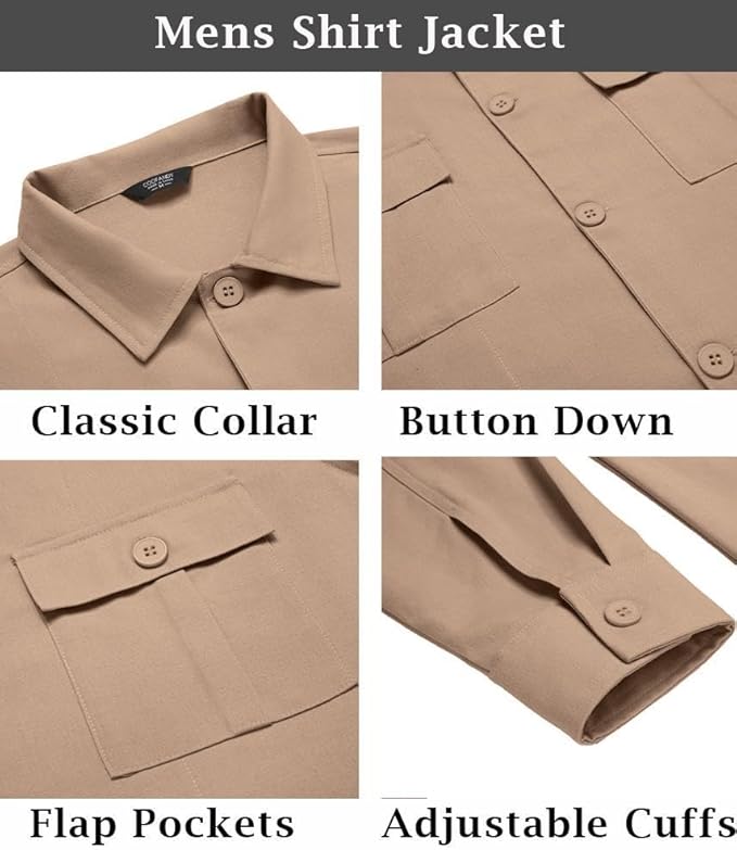 COOFANDY Mens Casual Shirt Jackets Cotton Linen Work Shacket Button Down Overshirt with Pockets
