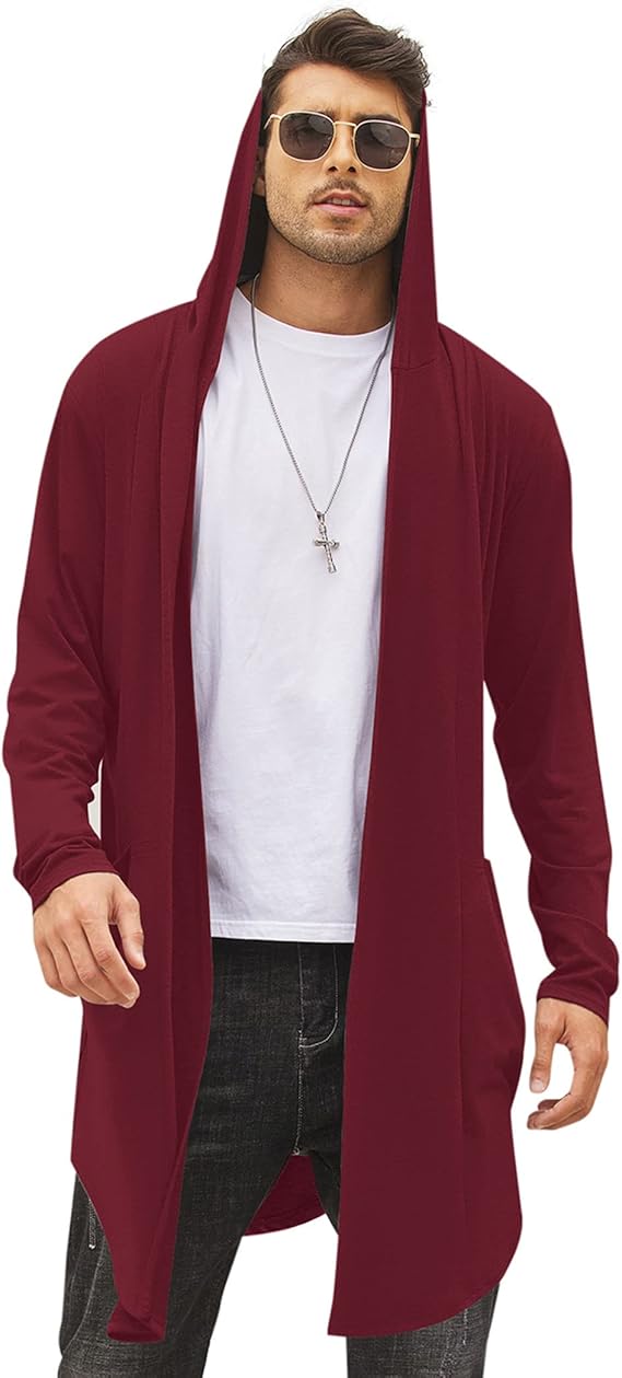 COOFANDY Men's Long Hooded Cardigan Shawl Collar Lightweight Open Front Drape Cape Overcoat with Pockets