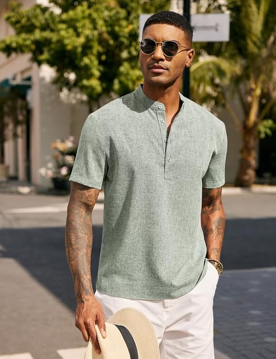 COOFANDY Men's Casual Summer Beach Henley Shirt Band Collar Lightweight Hippie Tee Shirts