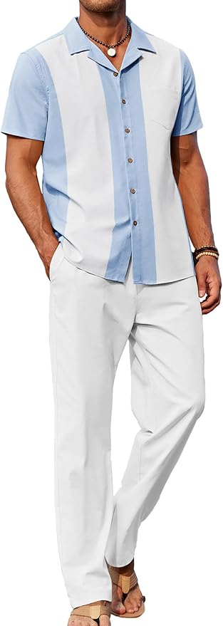 COOFANDY Men 2 Piece Linen Outfit Beach Button Down Shirt Casual Loose Pant Sets