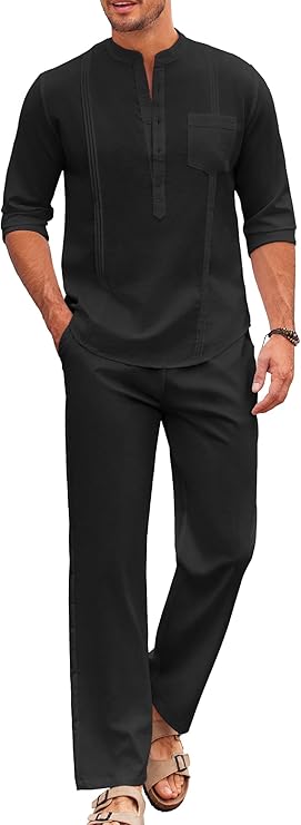 COOFANDY Men's 2 Piece Cotton Sets Casual Long Sleeve Cuban Henley Shirt and Loose Pants Set Beach Vacation Outfits