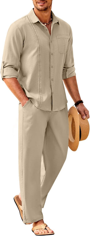 COOFANDY Mens 2 Piece Long Sleeve Button Down Cuban Shirt and Pants Set Summer Beach Set Outfits