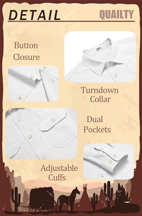 COOFANDY Mens Western Cowboy Shirt Long Sleeve Cotton Button Down Work Shirts with Pockets