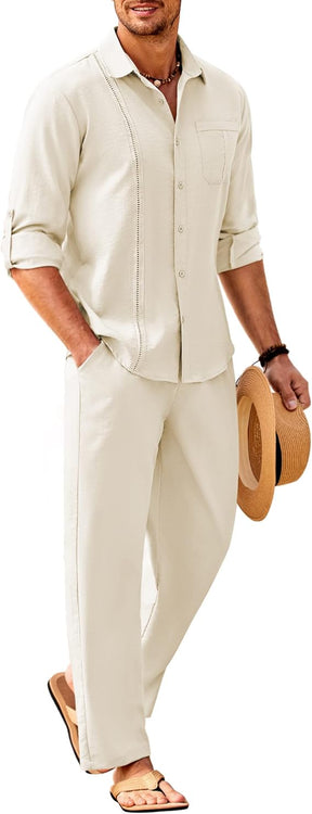 COOFANDY Mens 2 Piece Long Sleeve Button Down Cuban Shirt and Pants Set Summer Beach Set Outfits