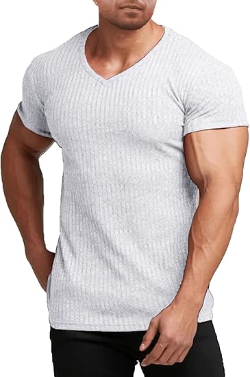 COOFANDY Men's Muscle T Shirts Stretch Short Sleeve V Neck Bodybuilding Workout Tee Shirts Ribbed Knit Shirt