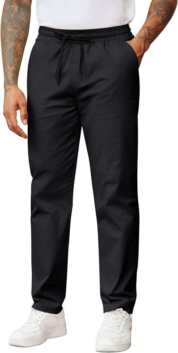 COOFANDY Men's Casual Pants Drawstring Elastic Waist Chino Pants Straight Leg Slacks Cotton Twill Trousers with Pockets
