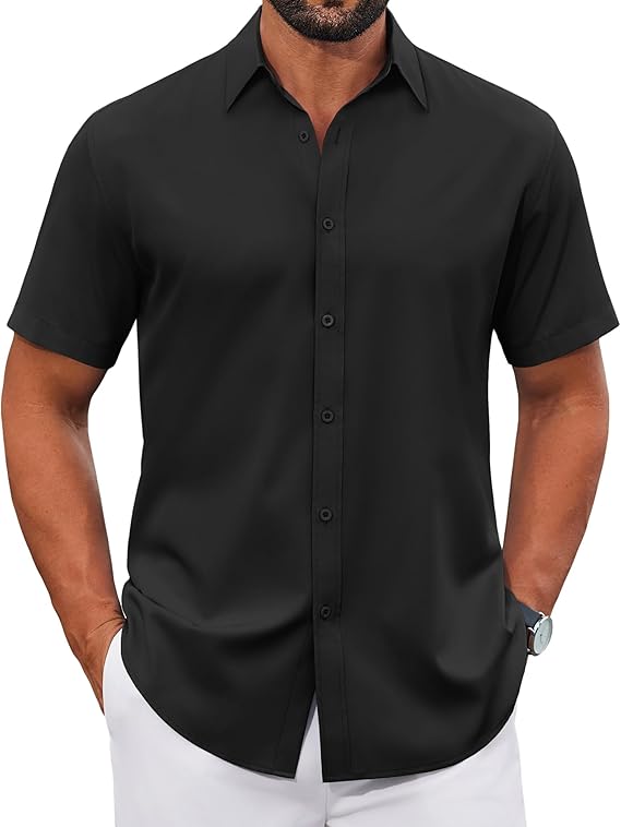 COOFANDY Mens Button Down Shirts Short Sleeve Casual Shirt Wrinkle Free Solid Stretch Dress Shirt for Men
