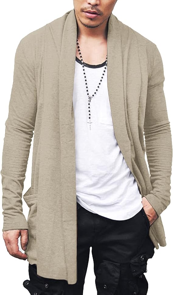 COOFANDY Men's Ruffle Shawl Collar Cardigan Open Front Lightweight Long Length Drape Cape Overcoat with Pockets S-XXXL