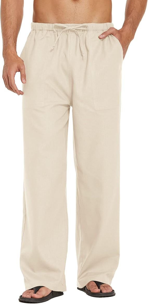COOFANDY Mens Casual Linen Pants Elastic Waist Linen Pants Drawstring Summer Beach Yoga Linen Trouser