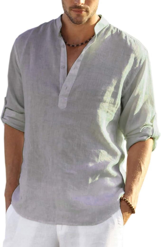 COOFANDY Men's Saint Patrick's Day Green Cotton Linen Henley Shirt Long Sleeve Casual Beach Tee