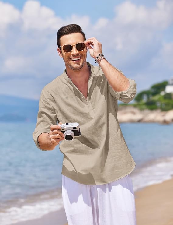 COOFANDY Men's Saint Patrick's Day Green Cotton Linen Henley Shirt Long Sleeve Casual Beach Tee