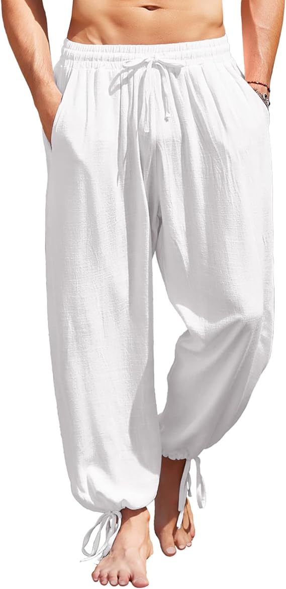 COOFANDY Men's Cotton Linen Pants Casual Harem Pants Elastic Waist Beach Boho Yoga Trousers