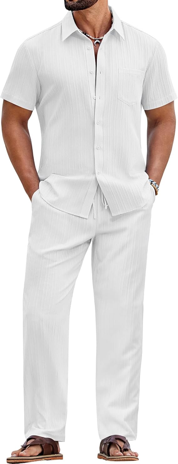 COOFANDY Mens 2 Piece Sets Summer Outfits Short Sleeve Button Down Shirt Loose Pant Sets Beach Vacation Outfits