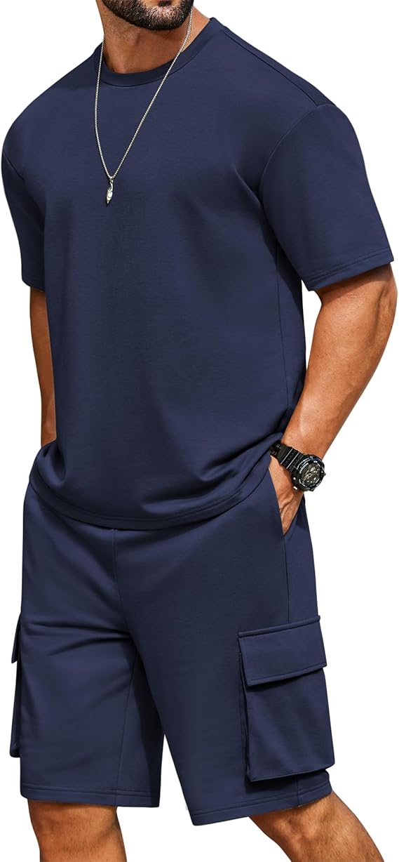 COOFANDY Men's Casual Short Sets 2 Piece Outfits Cotton T-Shirts and Cargo Shorts Set Summer Jogging Tracksuit