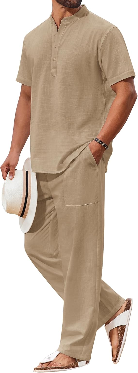 COOFANDY Men's 2 Piece Cotton Sets Casual Short Sleeve Henley Shirts and Beach Pants with Pockets Summer Vacation Outfits